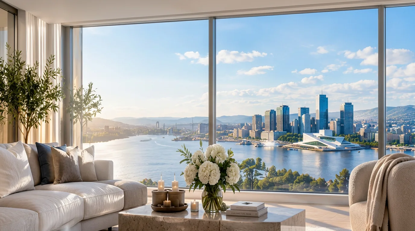 Lys skandinavisk stue med panoramautsikt over Oslo, fjorden og Operahuset
